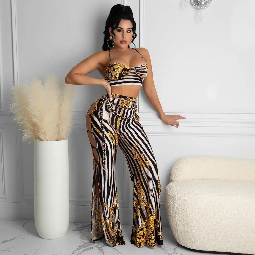 

Free Shipping R03173 - Pants And Top Casual Wide Leg Printed Hollow Out Women 2 Piece Set Clothing