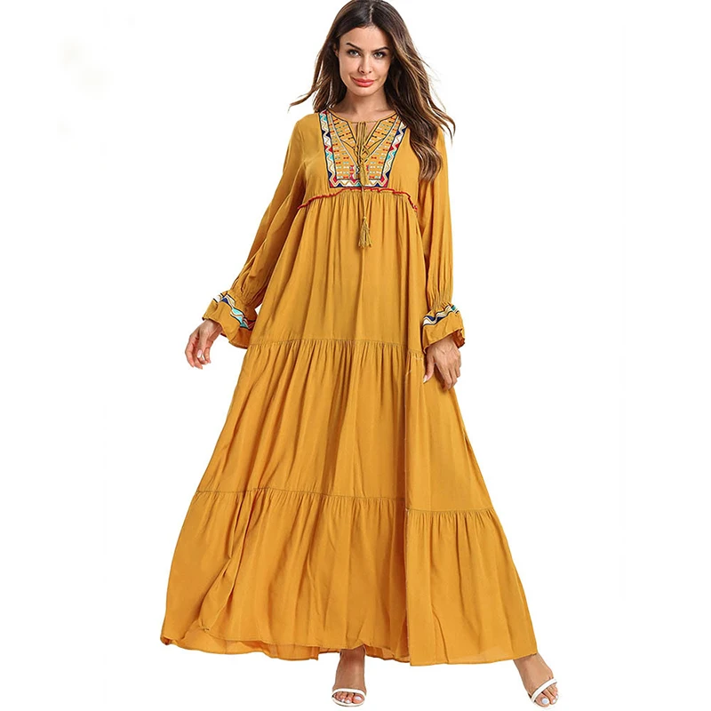 

stylish islamic abaya cloth cotton made plus size 4XL elegant embroidered muslim long sleeve dress for muslim women