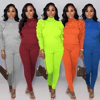 

Causal ruched long sleeve solid color t shirt and tight pants 2 piece women track suit