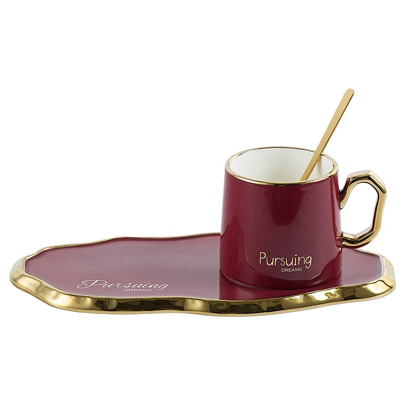 

Doyoung Wholesale Luxury Nordic Style Irregular Golden Handle European Ceramic Coffee Tea Mug Cup and Saucer Plate Set, Wine red,orange,white,black