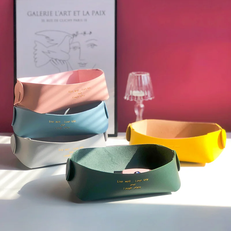 

China Manufacturer Factory Supplier Foldable PU Leather Desk Storage Basket Custom Luxury Jewelry Key Catchall Organizer Holder, Wine red green pink grey/ customized colors