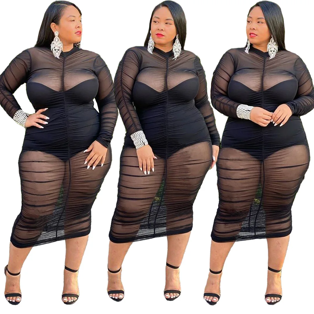 

2021 Fashion fat lady 2 piece set clothing see through mesh pleated sexy plus size women dress, Picture