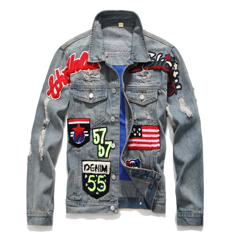 

brand design streetwear clothing coat regular fancy patch embroidery hip hop biker ripped punk denim jeans jacket for men