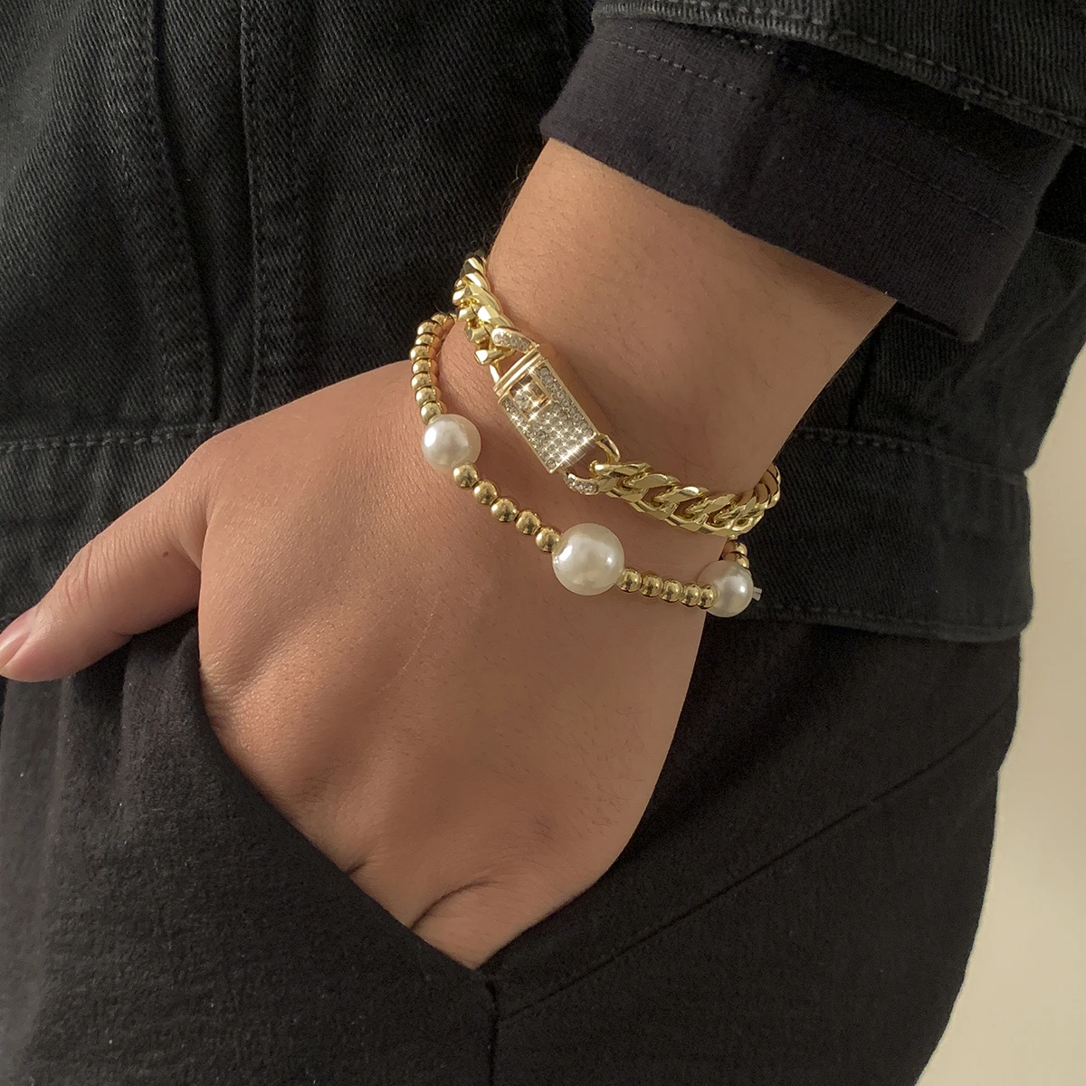 

SHIXIN Dainty Bead Bracelet Pearl Beads HipHop Rhinestone Cuban Link Bracelet with Buckle Adjustable Length