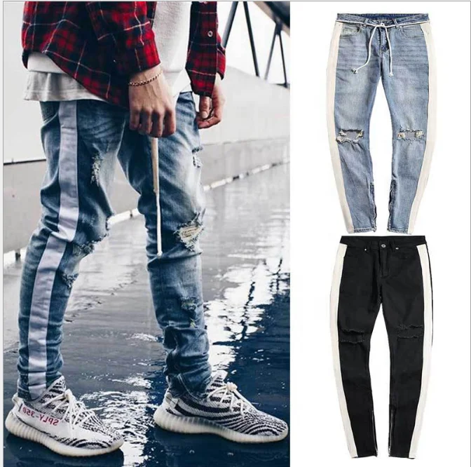 

Fashion Jeans Wears Denim Pants Tape Striped Jeans High Quality Mens Ripped Side Stripe Skinny Jeans Men, Customized color