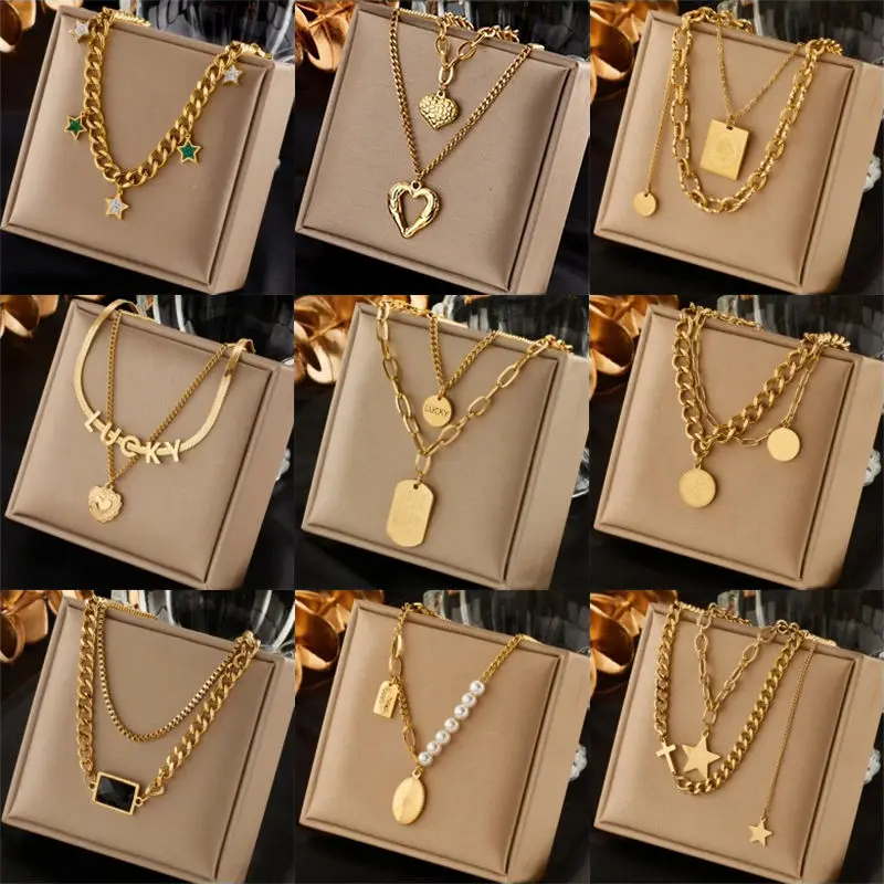 

New Stainless Steel Gold Color Multilayer Necklace For Women Hip Hop Punk Street Trend Chain Choker Girls Jewelry Gift