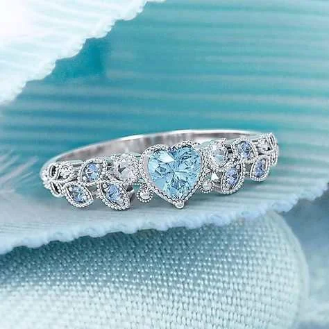 

Exquisite Woman Fashion 925 Silver Heart Gem Leaf Ring Proposal Birthday Party Diamond Rings Romantic Bride Wedding Gifts, Blue