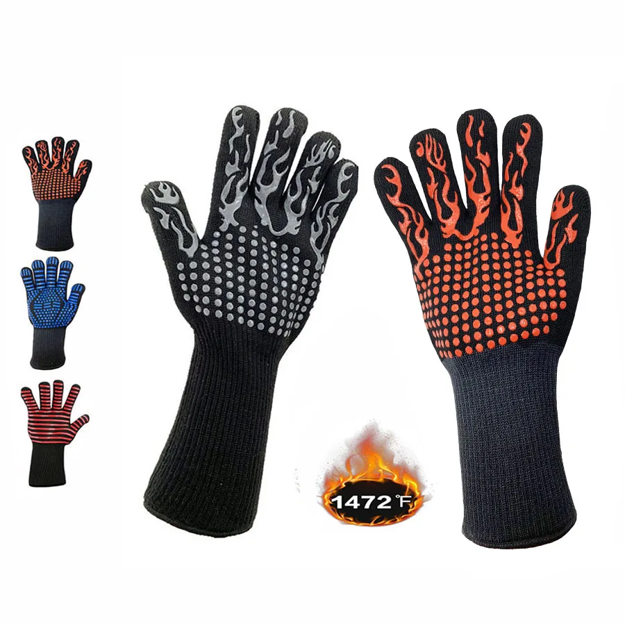 

Custom logo Fire proof 932F Heat Resistant Silicone Black Barbecue BBQ Gloves Pitt Mitt Grilling BBQ Accessories