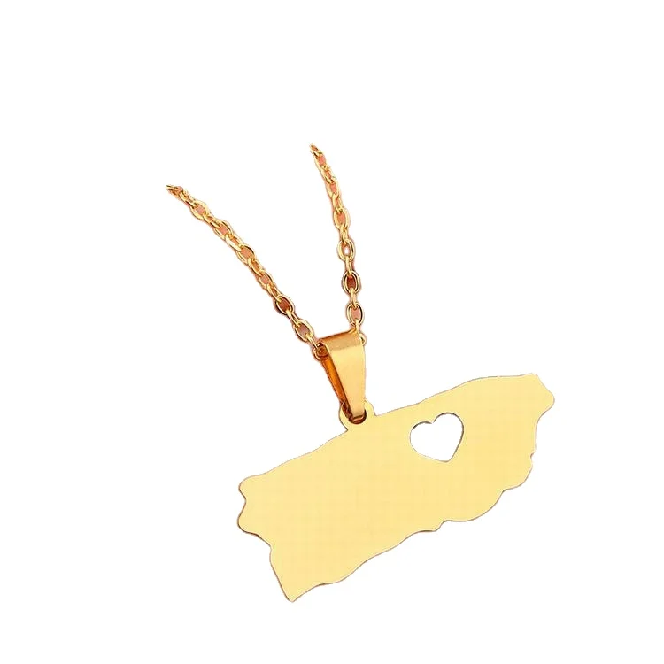 Fashion New Titanium Steel Glossy Heart-Shaped Hollow Gold Puerto Rico-Map Shape Pendant Necklace Female Clavicle Chain