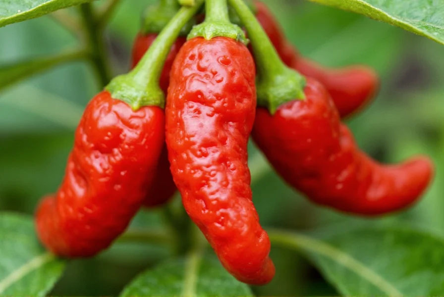 Close-up view of mature Carolina Reaper peppers showing characteristic bumpy texture and red color on plant