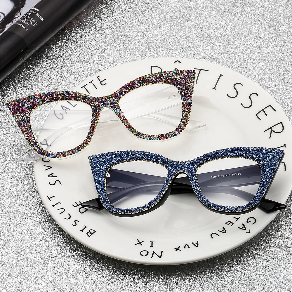 

95049 Luxury Brand Retro Oversized Sexy Cat Eye Diamond Women Shade Sunglasses 2021, As shown