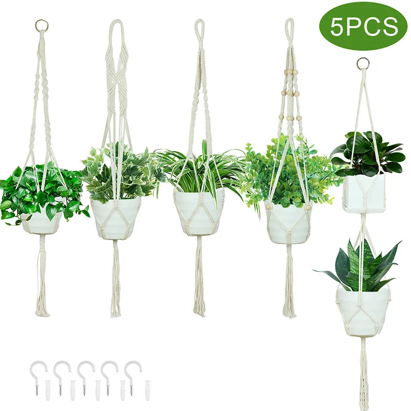 

Vlovelife 5pcs 40 inches Macrame Plant Hangers with 5 Hooks Hemp Rope Hanging Planters Holder Stand Set For Indoor Outdoor Decor, White