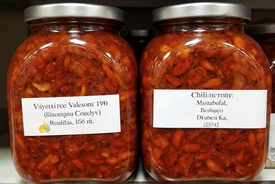 Homemade chili crisp stored in amber glass jars with proper labeling showing preparation date and ingredients