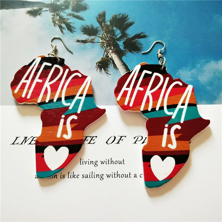 

European And American Exaggerated African Head Pattern Geometric Map Wooden Earrings Fashion Wooden Earrings