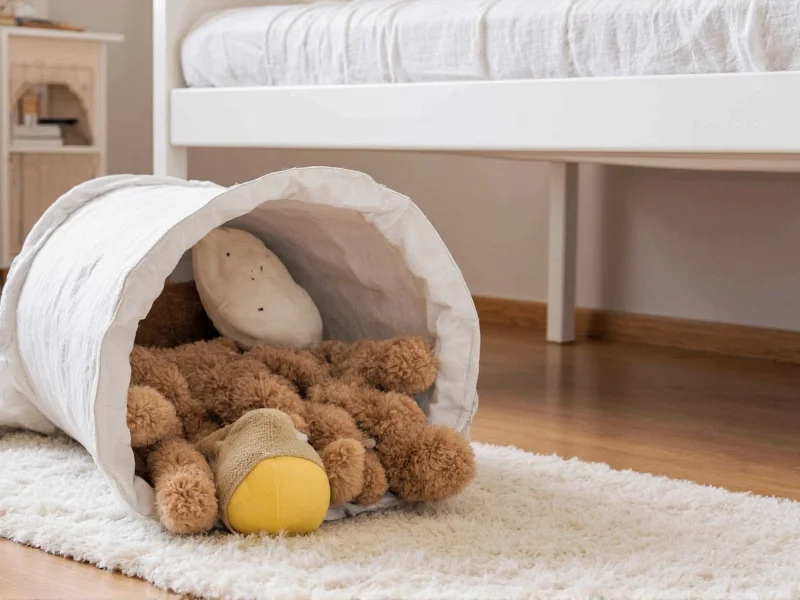 Stuffed animals stored in fabric tunnel under child's bed