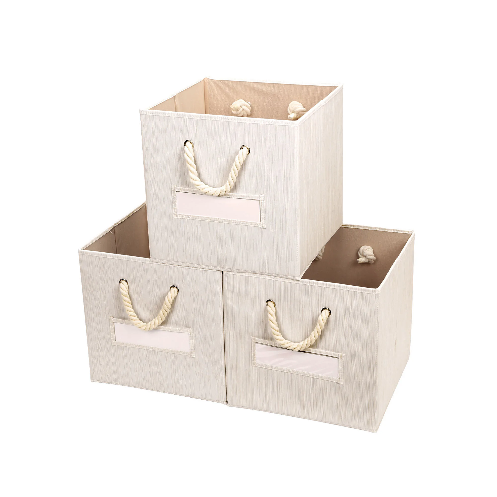 

Pack of 3 Foldable Bamboo Fabric Storage Bins for Cube Organizer with Cotton Rope Handles, Collapsible Basket Box, Beige, Beige, any color is available