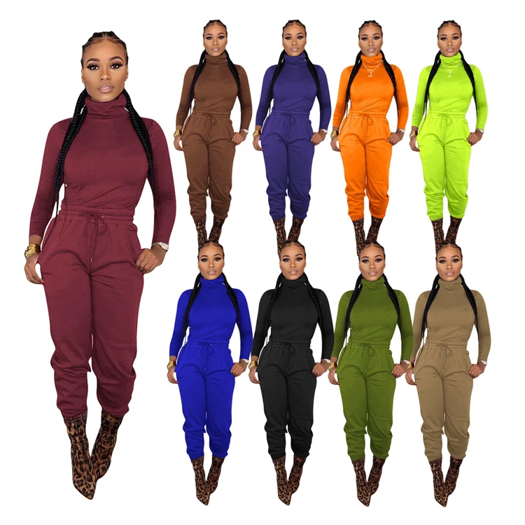 

Y1132 high collar long sleeve solid color drawstring casual Ladies Two Piece Set Women Clothing