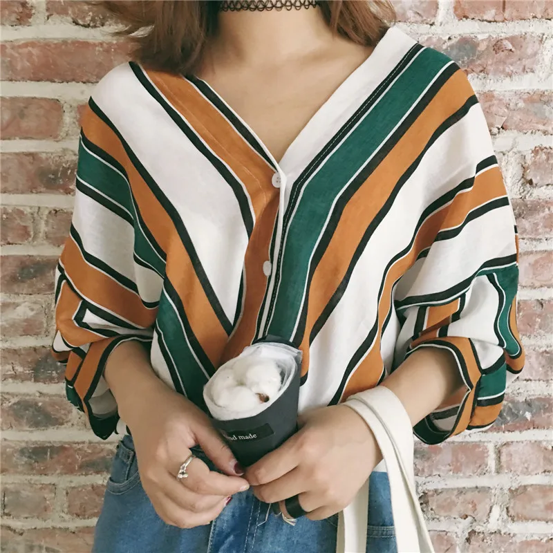 

Wishv Collar Stripes Europe And America Spring And Summer Autumn Loose Bat 3/4 Sleeve Shirt Shirt