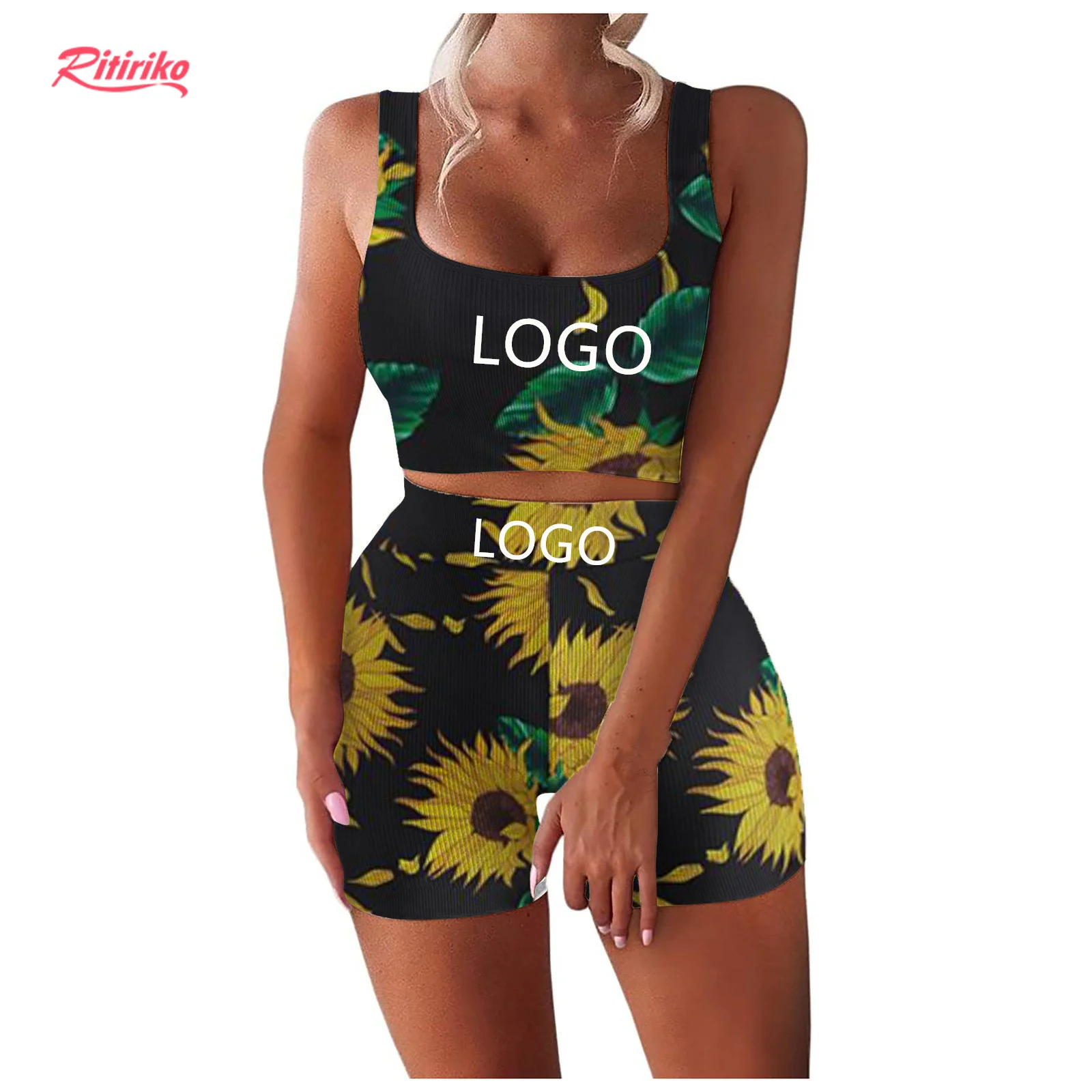 

2021 Summer Private Label Gym Fitness Crop Tank Tops Shorts Stacked Leggings Joggers Women Knit Two Piece Short Set Tracksuit, Print