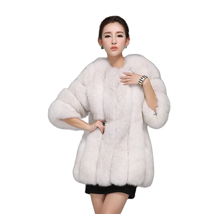 

2021 Factory price elegant style ladies furry warm overcoat fashion real white faux fox fur winter fur coat