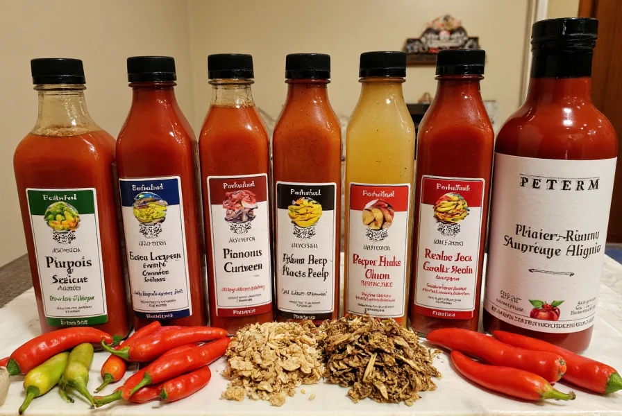 Assortment of Peter pepper products including fresh peppers, dried peppers, and bottled hot sauce