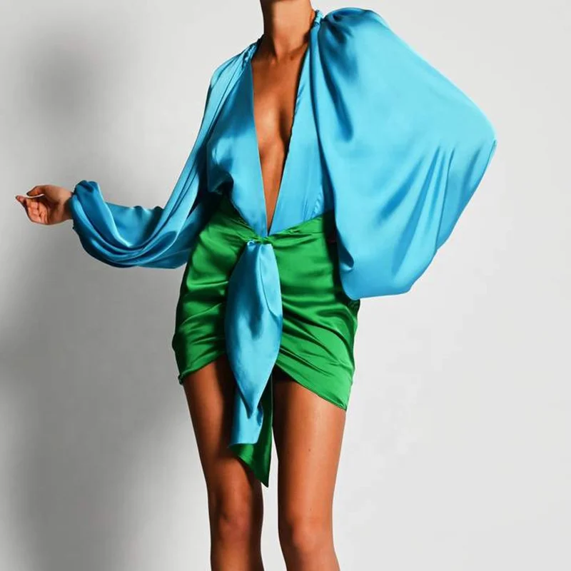 

LW Trendy Women Clothing Stain Sexy Deep V Lantern Sleeve Pleated Party Elegant Red Dresses designer clothes famous brands women