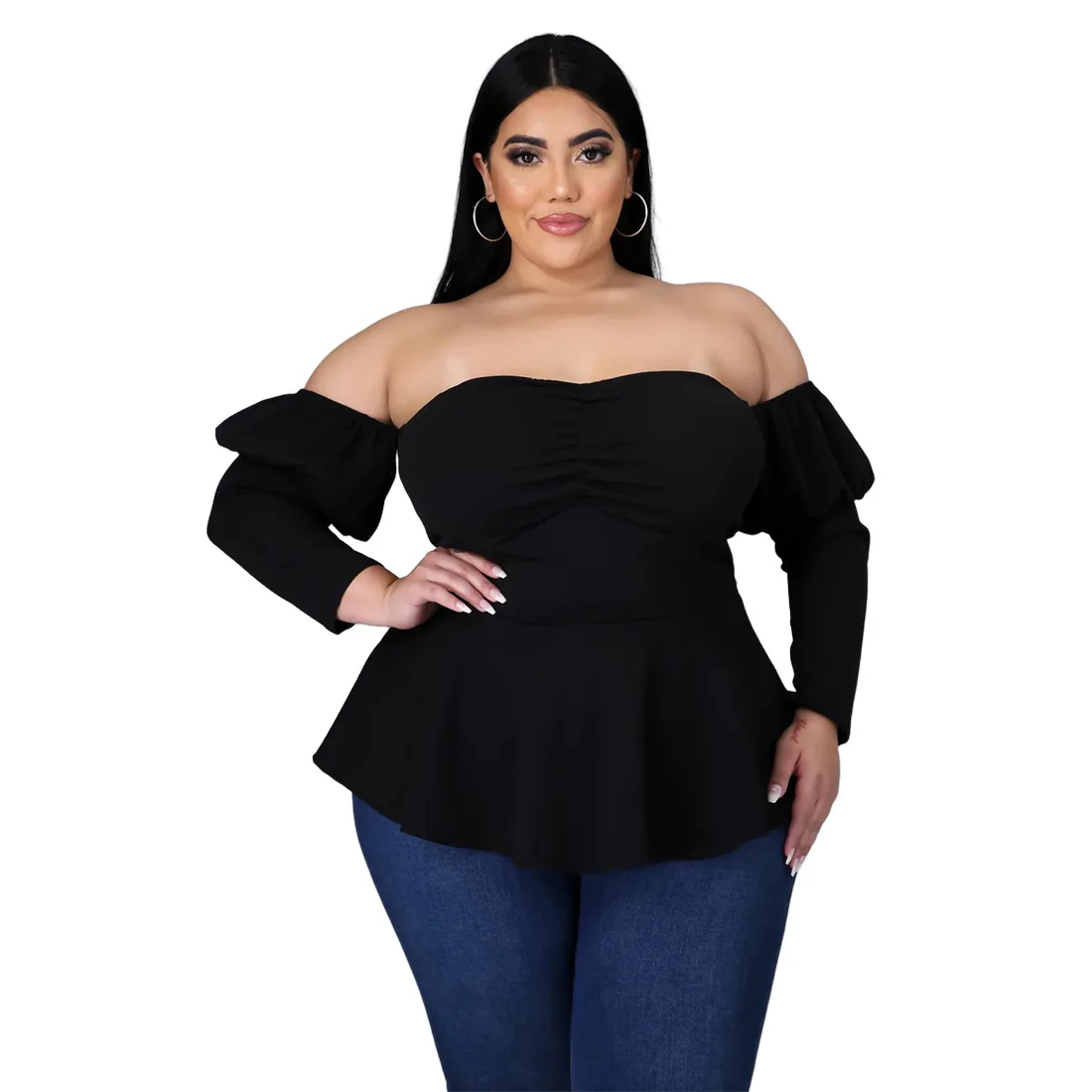 

Fashionable plus size puff sleeve ruffle off the shoulder top women shirt blouse