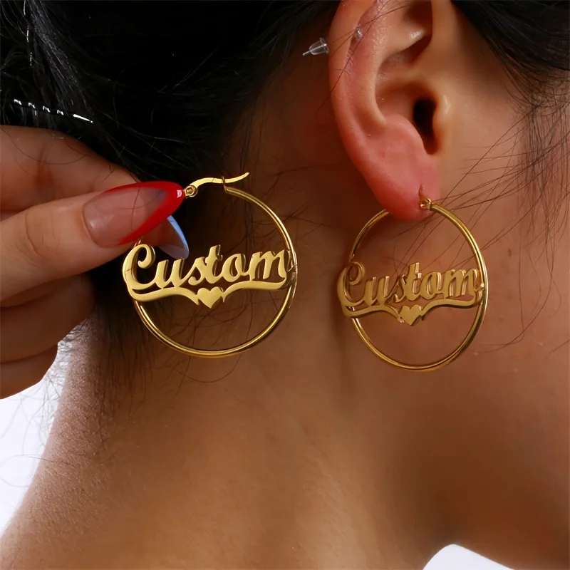 Spot Wholesale Exaggerated Big Hoops Earrings Golden Custom Name Stainless Steel Earrings for Women