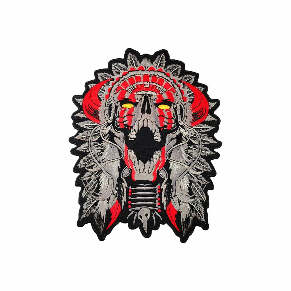 Large Size Cool MC Indian Chief Skull Motorcycle Biker Rider Iron on Jackets Vests Back Embroidery Patch