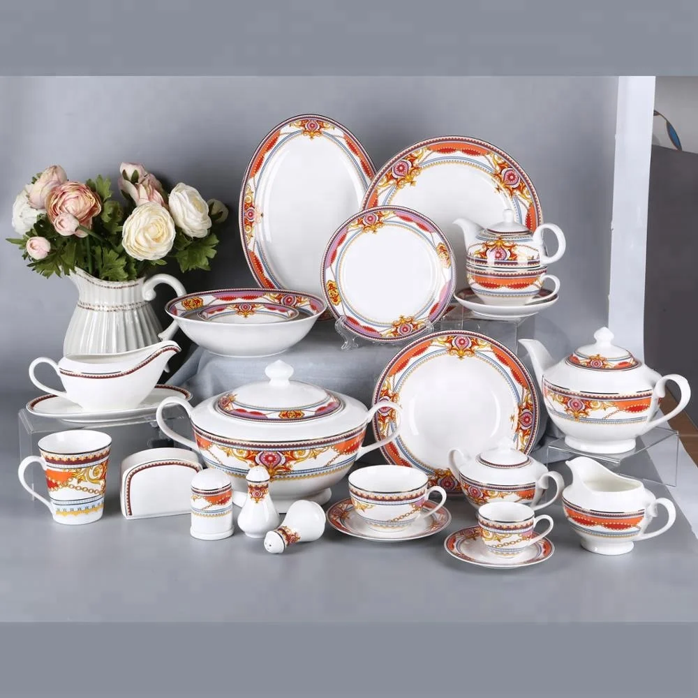 Wholesale cheap housewares 72pcs gold new bone china dinner set ceramic