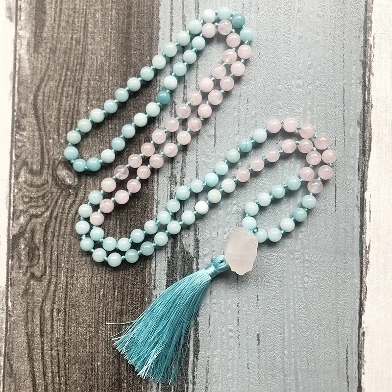 

ST0612 Raw Stone Pendant Mala Necklaces Rose Quartz Knotted Necklace 108 Mala Beads Tassel Necklace Womens Gift, As picture