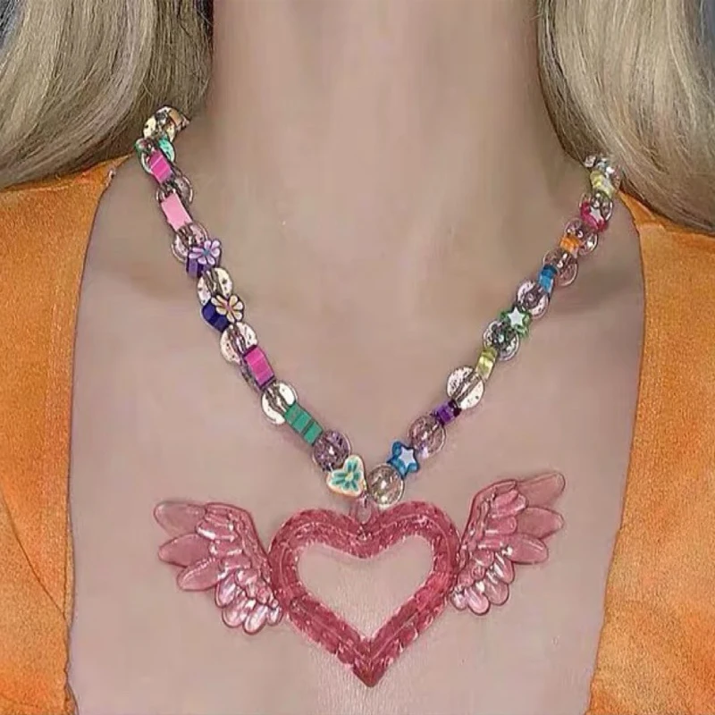 

Fashion Jewelry Colorful Beads Acrylic Flash Bead Pink Heart Wings Pendant Necklace for Women Girl Chain Necklaces Gift, As pic shown