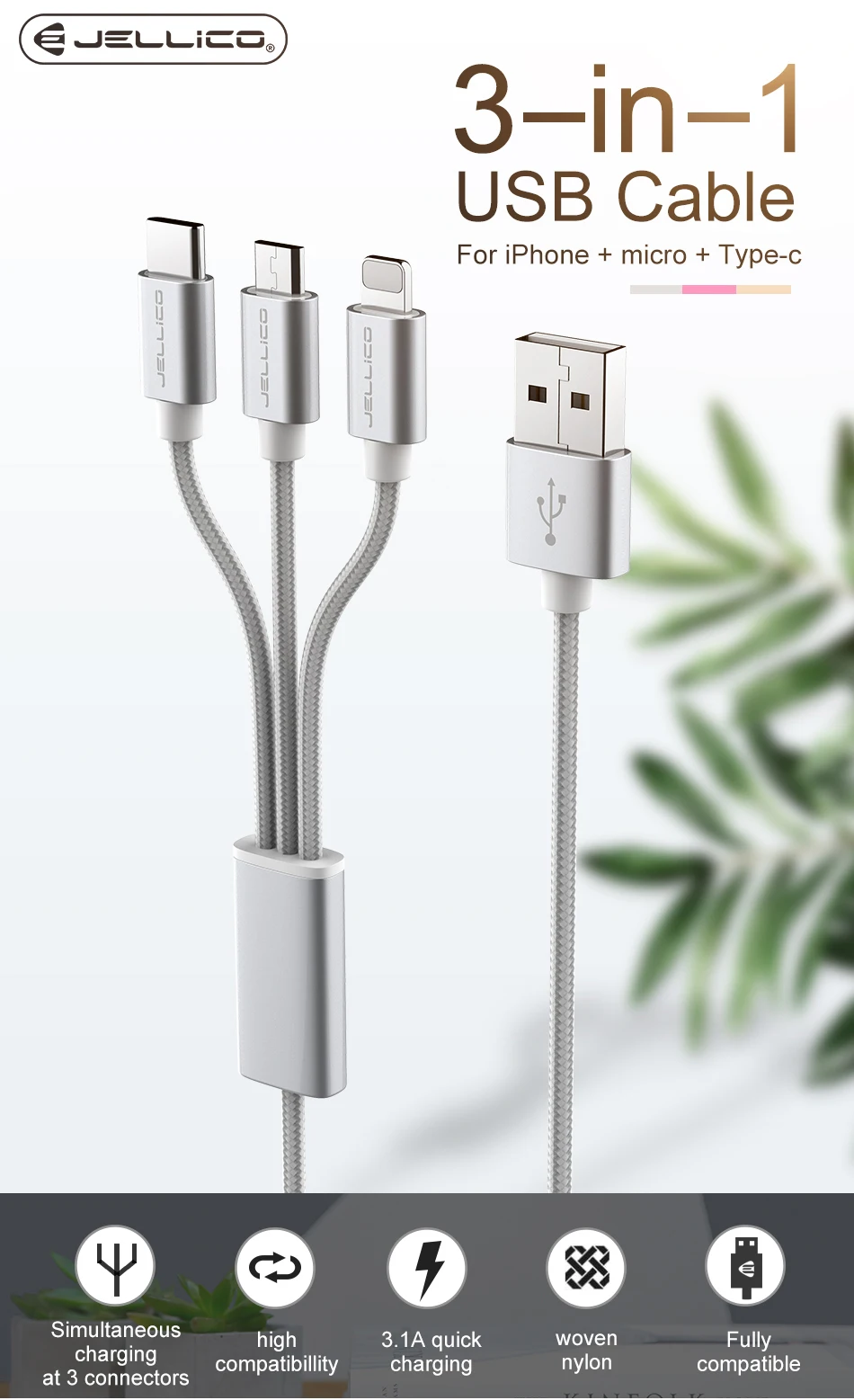 Jellico GS-13 Data Cable 3 In 1 Usb Cable Multi Charging Cable For Iphone Android Type C