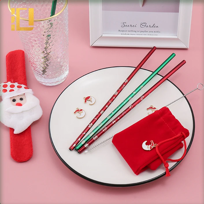 

New Arrivals Metal Straw Set Reusable Drinking Straw Stainless Steel Christmas Straw with pouch