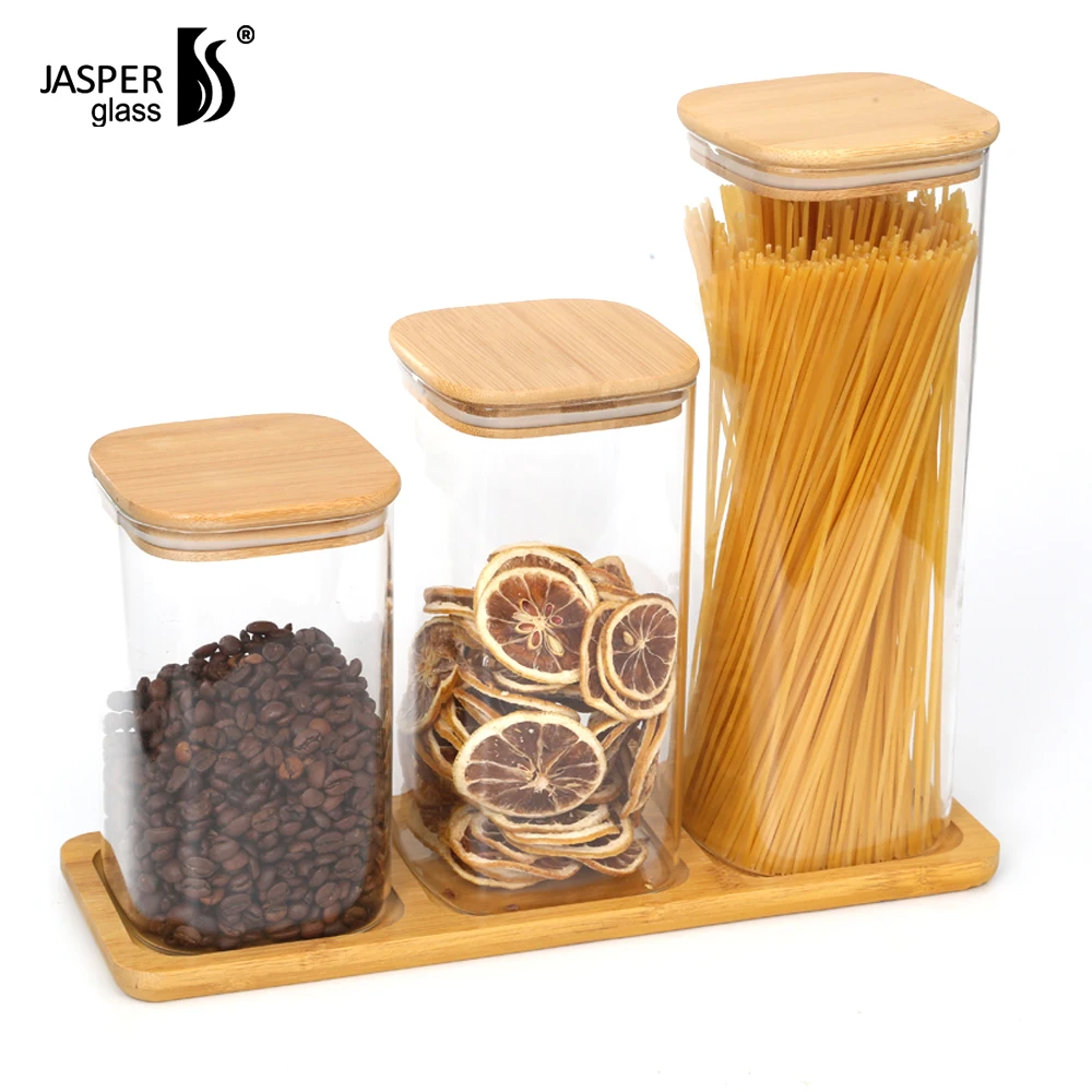 

Borosilicate Glass Food Storage Jar Rectangular And Round Glass Jars With Bamboo Lids, Transparent