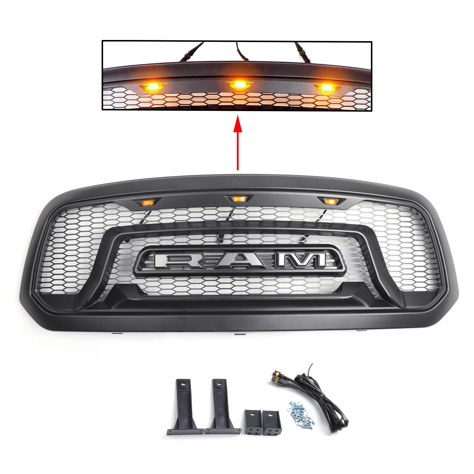 

Front Bumper Hood Grille For Dodge Ram 1500 2013 2014 2015 2016 2017 2018 Car Grille With LED Light With Logo Letter