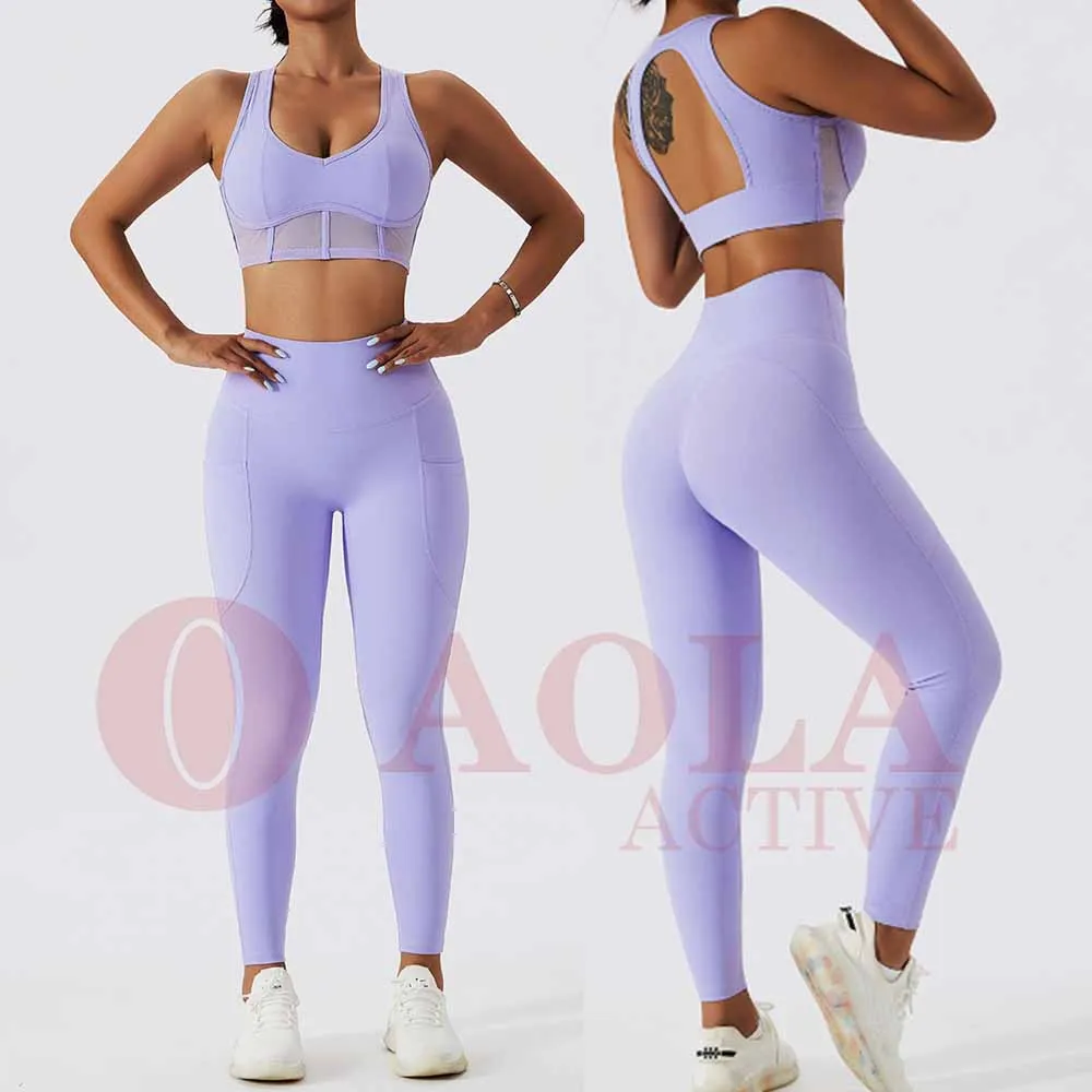 

AOLA Wholesale Two Piece Hollow Out Fitness Gym Outfits High Waist Yoga Leggings Bra Workout Sets For Women