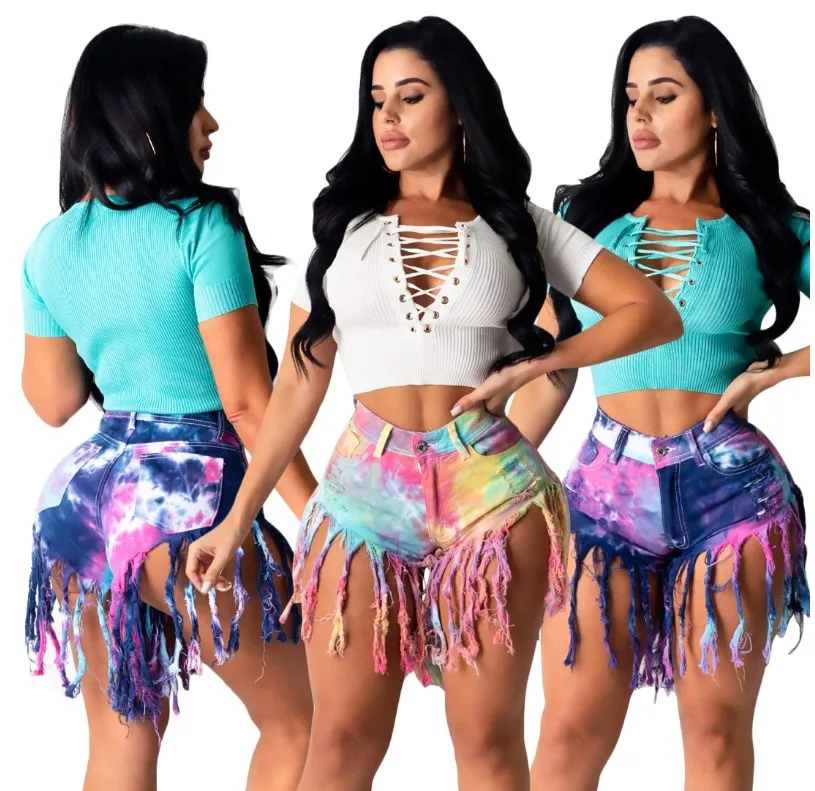 

3XL Plus Size Women Ripped Tassel Tie Dye Print Denim Short Jeans, Red, blue, pink