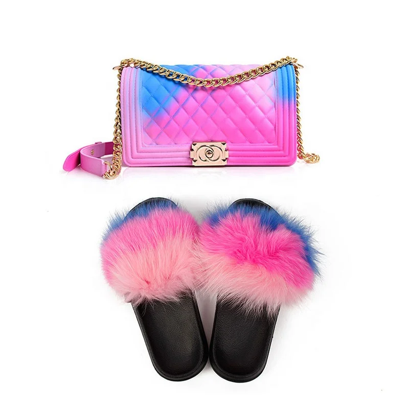 

New arrival Fashion Set sandals ladies purses Slippers Jelly Handbag Set Matching fox fur Shoes and Purse