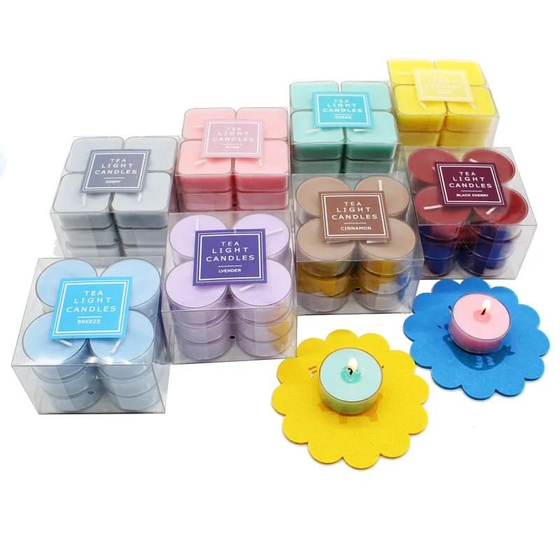 

Soybean aromatic home Scented candlescolor aromatic Candles Smokeless round Shape Tealight Candle With Transparent Pvc Box.