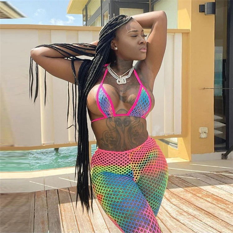 

S1544-2021 new arrivalssexy halter tie dye see through hollow out bra and jogger set women two piece sets, Picture