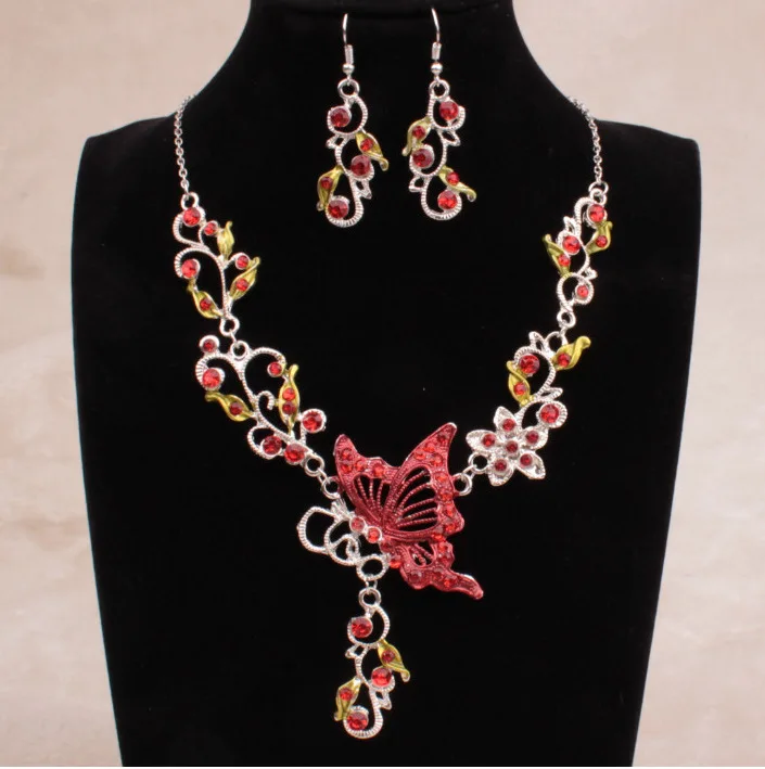 

American Hot Sale Oil Drop Butterfly Earring Necklace Set Luxury Charming Bridal Butterfly Necklace Set