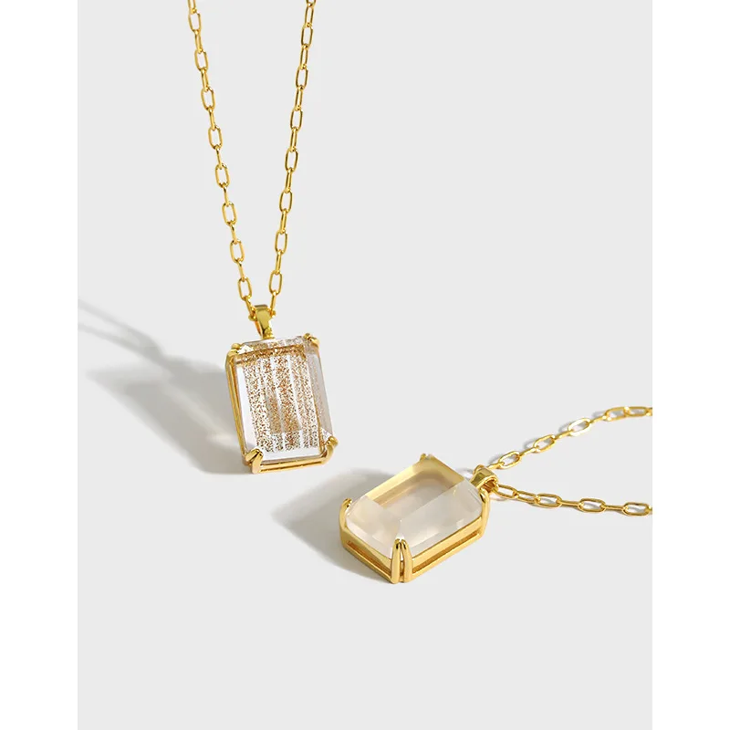 

XF500 925 Sterling Silver Jewelry 18k Gold Plated Necklace Lurxy Vintage Crystal Sandstone Pendant Necklace Women Jewelry 2021, 18k gold silver