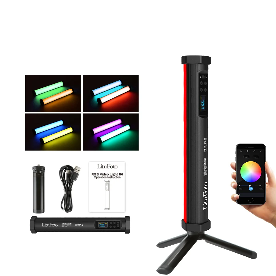 

Litufoto R6 LED Lighting Wand RGB Tube Light with app control 190 led beads dimmable 3200-7500K CRI96+ 9 Scenes Effects, 360° full color + bi-color