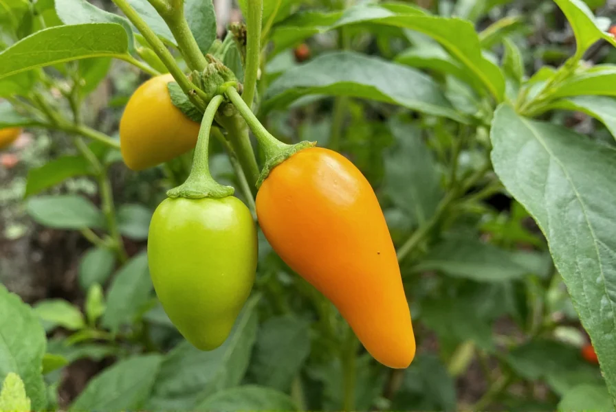 Mango pepper plant in a garden setting showing multiple stages of fruit development from green to orange