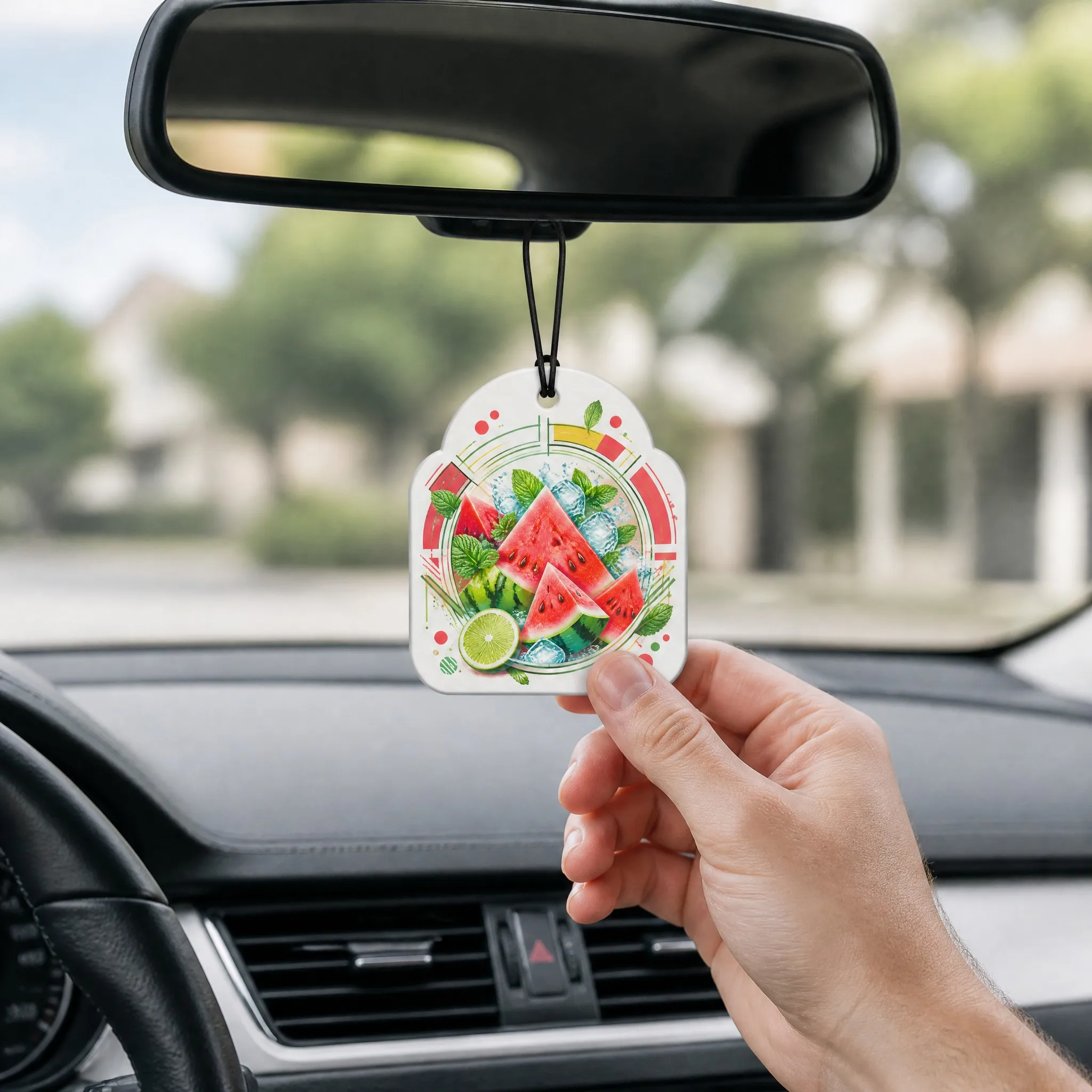 Iced Watermelon Lime Scented Air Freshener Hanging in Car from Rearview Mirror Lifestyle Context