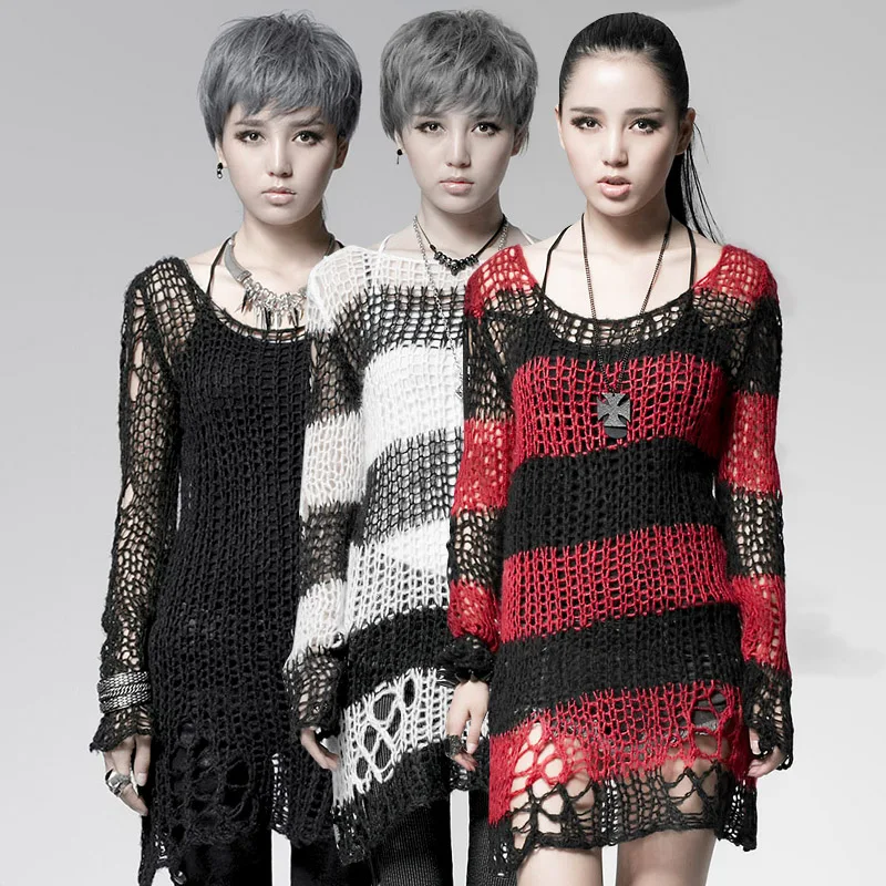 

PM-004 Branded Red and Black Punk Rave Broken Pullover Striped Sweater