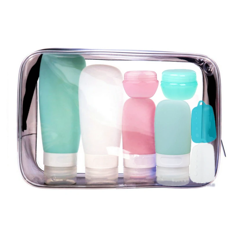 

Tsa approved leakproof refillable silicone 4-in-1 travel bottle dispenser travel toiletry bottle squeezable set kit containers