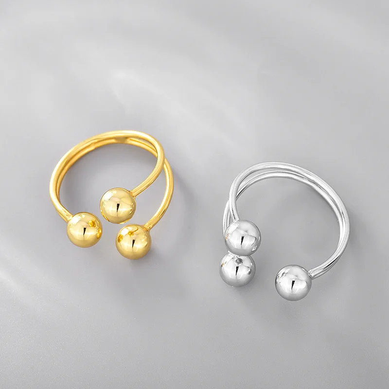 

Korean Style Sterling Silver Geometric Round Ball Open Rings 18K Gold Plated S925 Solid Ball Adjustable Rings