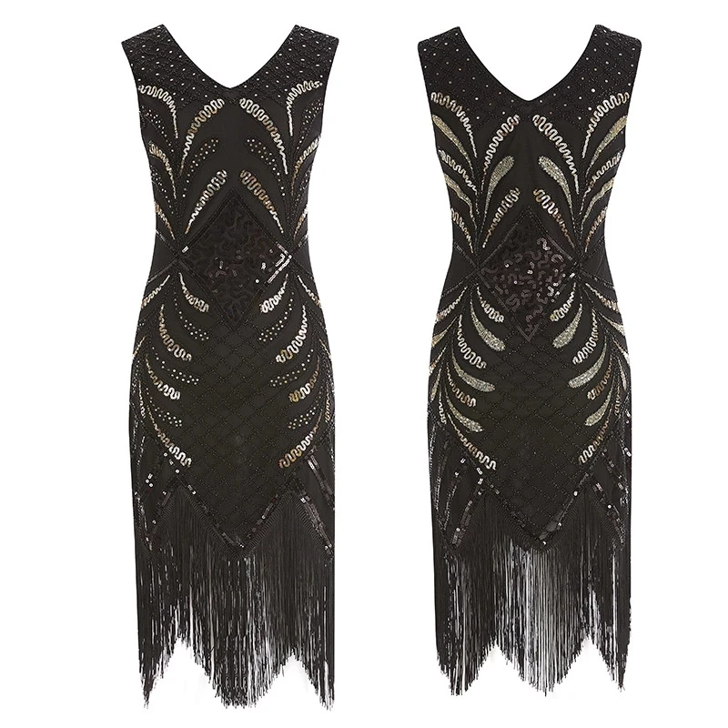 

2021 Women Party Dress Robe Femme 1920s Great Gatsby Flapper Sequin Fringe Midi Dress Vestido Summer Art Deco Retro Lady Dress, Customized colors